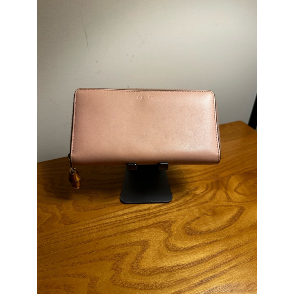 Gucci Pink Leather Long Zip Wallet w/ Bamboo Zipper Pull